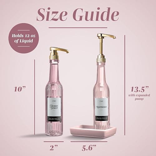 COOK WITH COLOR Glass Coffee Syrup Dispenser with Pump- Set of 2 Syrup Bottles for Coffee Bar, Decorative 350 ML Bottle with Ceramic Holder, Funnel, Labels and Extra Pumps, Textured Pink thumbnail 2