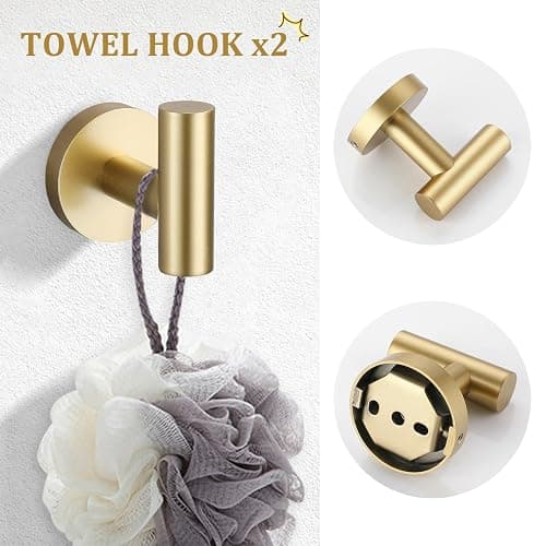 TURS Brushed Gold 5 Piece Bathroom Hardware Set, SUS304 Stainless Steel 24 Inch Bath Towel Bar Set, Round Bathroom Accessories Kit Wall Mounted thumbnail 6