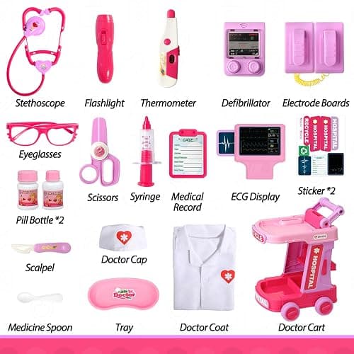 Liberry Toddlers Doctor Kit Toy for Girls Boys Ages 2 3 4 5, Pink | Kids Doctor Playset with Cart, Costume & Stethoscope, Role Play, Pretend Play Medical Toys, Birthday Gift thumbnail 7