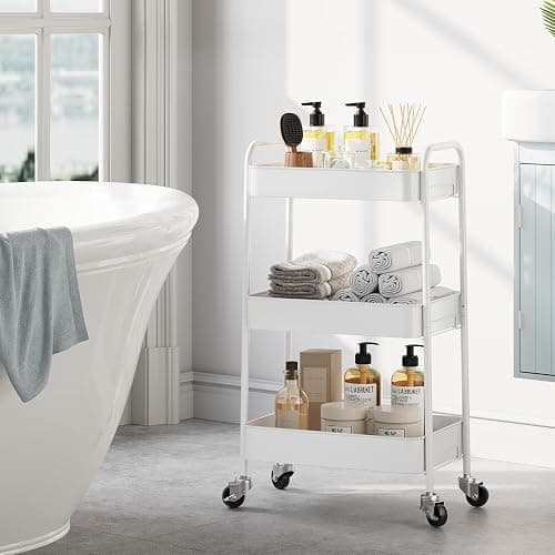 TOOLF 3-Tier Rolling Cart - Metal Utility Storage Organizer with Lockable Wheels, 33 lbs Per Shelf, Tool-Free 5-Min Assembly, for Kitchen Bathroom Office Nursery Craft Room, White thumbnail 2