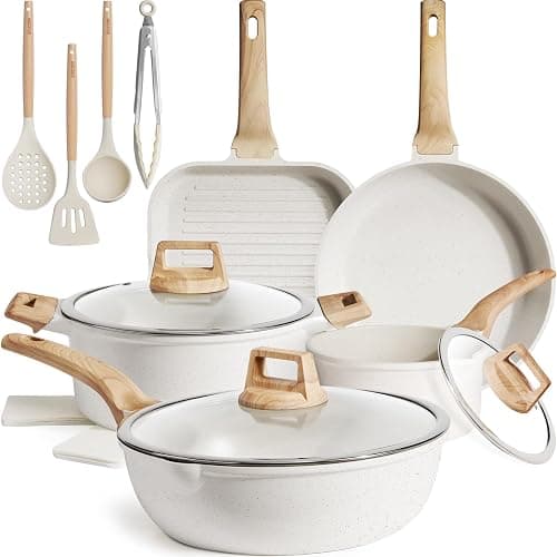 Kikcoin 16Pcs Pots and Pans Set Nonstick Ceramic Cookware Sets Induction Kitchen Cooking Set Non toxic Healthy Non Stick w/Grill Pan,Saute Pan, Ceramic White - Image 1