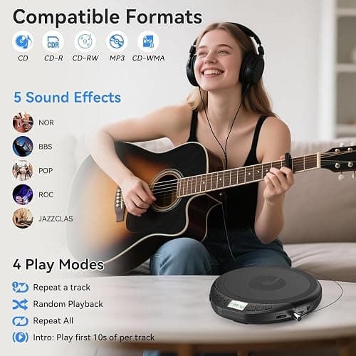 Gueray Portable CD Player with Earphones,CD Discman for Car Home with Anti-Skip Shockproof Protection,Personal Discman CD Music Player with LCD Display Support PROG Memory Function thumbnail 2