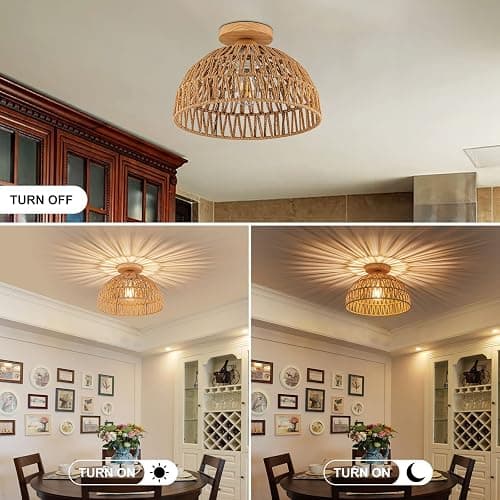OCWHT Boho Rattan Ceiling Light Fixtures Boho Lamp Shade Flush Mount Ceiling Light Hand-Woven Small Chandelier Wooden Base Chandelier Light for Hallway Bedroom Kitchen Nursery - Brown thumbnail 4