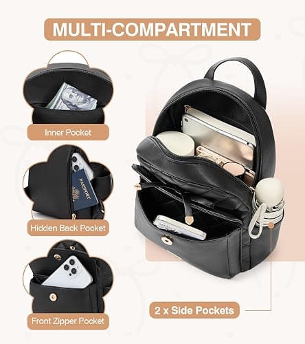 Marvolia Mini Backpack for Women and Girls - Leather Backpack with Cute Bowknot Quilted Small Backpacks for Shopping Travel School - Black thumbnail 4