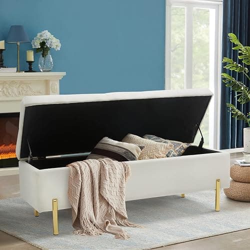 Ottoman with Storage Bech, Foot Rest Stool, 45.6 Inch Velvet Upholstered Storage Bench Tufted Settee, Folding Pouf Accent Ottoman, End of Bed Bench with Soft for Living Room Entryway Bedroom, White thumbnail 3