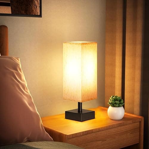 Small Table Lamp for Bedroom - Bedside Lamps for Nightstand, Minimalist Night Stand Light Lamp with Square Fabric Shade, Desk Reading Lamp for Kids Room Living Room Office Dorm thumbnail 4