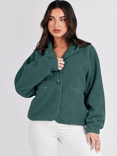 ANRABESS Womens Fuzzy Fleece Jacket Fall Casual Long Sleeve Cropped Sherpa Button Down Shacket Coats Outwear With Pockets thumbnail 7