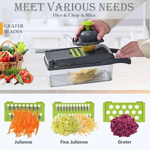 Vegetable Chopper Dicer with Container | Cheese Grater Mandoline Slicer Cabbage Shredder French Fry Cutter Stainless Steel for Veggie Onion Potato Fruit Food, Manual Hand Cooking Gadget for Kitchen thumbnail 3