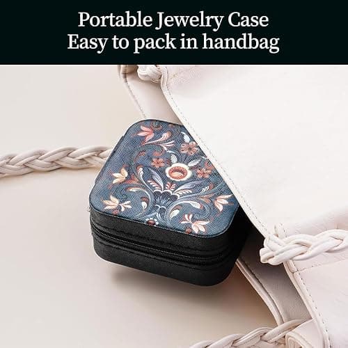 Artinhand Norwegian Rosemaling Folk Style Small Travel Jewelry Case with Mirror Portable Black PU Leather Box Earrings Necklaces Rings Bracelets Storage Organizer Gift for Women And Girls thumbnail 5