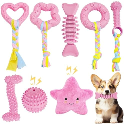 MRSOHRET Puppy Toys, 8 Pack Puppy Chew Toys for Teething, Cute Pink Small Dog Toys Set, Teething Toys for Puppies, Soft Durable Interactive Chew Toy for Small Dogs - Pink - Image 1