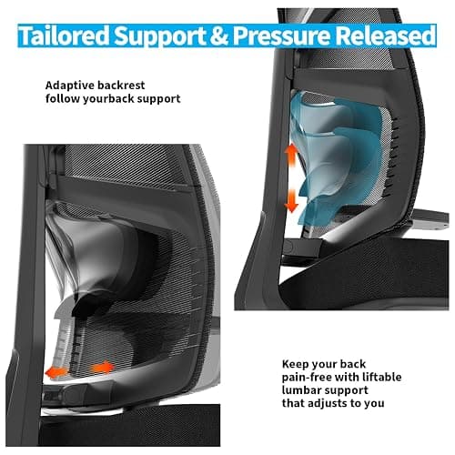 HOLLUDLE Silla de Oficina Ergonómica con Respaldo Adaptativo, Silla de Escritorio de Alto Respaldo con Reposabrazos 4D, Profundidad de Asiento Ajustable, Soporte Lumbar y Reposacabezas 2D, Negro thumbnail 5