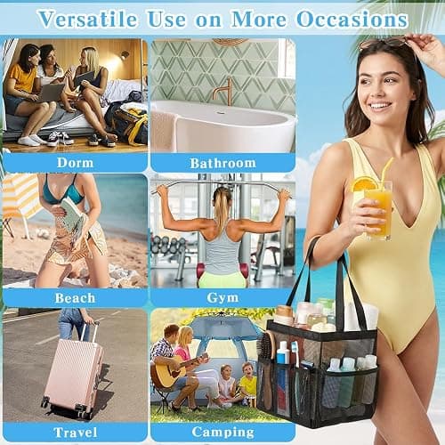 Mesh Shower Caddy, Portable Black Beach Tote Bag for Bathroom Dorm Essentials, Quick Dry Toiletry Organizer Large with 2 Handles 9 Pockets for Swim Pool Gym College Camp Travel Women Men Basket Bag thumbnail 7