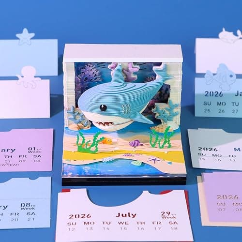 3D Calendar Notebook, Paper Material, 8.5x8.5x6.8cm, LED Light-Up Feature, Weekly Planner with Protective Acrylic Case, Gift Giving (shark) thumbnail 5