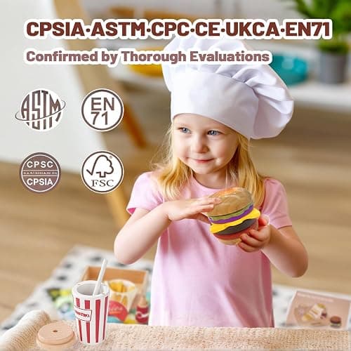 Smartwo Cibo Giocattolo per Bambini, Set di Legno per Hamburger e Patatine Fritte, Fast Food Playset, Alimenti Finto, Accessori Cucinetta, Giochi in Cucina per 2 3 4 5 6 Anni, Regalo Bambino thumbnail 7