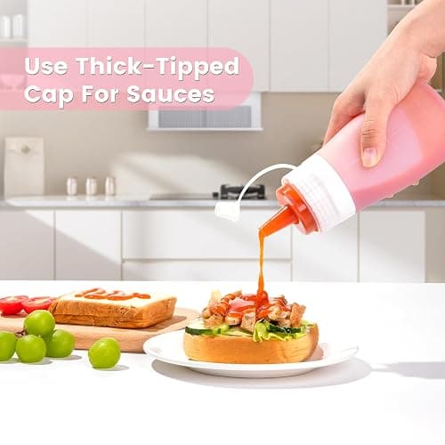 Mrsdry 16 oz Silicone Squeeze Bottles for Sauces & Oil, 4 Pack, Pink | Leak Proof Condiment Containers, Interchangeable Extra Lid, Food Grade, BPA Free Easy Squeeze for Honey, Ketchup & Dressing thumbnail 2