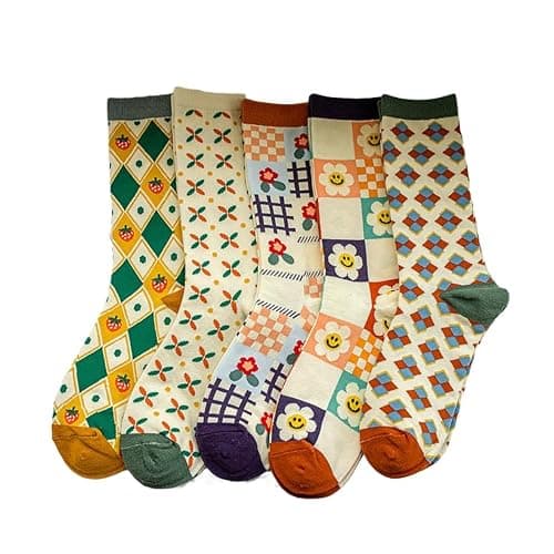 FORJMMP 5/10 Pairs Cute Floral Socks, Cottagecore Crew socks, Smiley Face Colorful Socks for Women Girls - Image 1