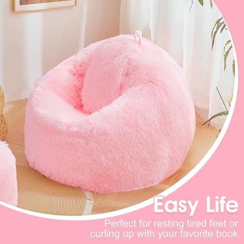 Pink fluffy bean bag chair covers (No Filler), comfy Plush Pink bean bag chair Cover for bedroom, stuffed animal Storage, kids adults teens girls bean bag chairs, Anti-Slip thumbnail 6