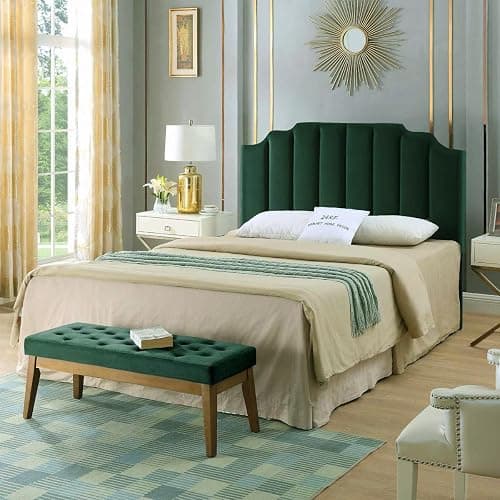 24KF Jade Velvet Tufted Queen Upholstered Headboard, Modern Vertical Channel Design California Queen/Full Headboard with Stepped Silhouette Top Edge,Jade thumbnail 5