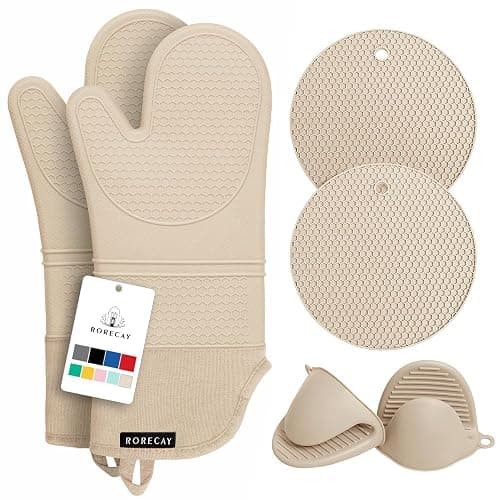 Rorecay Oven Mitts and Pot Holders Sets 6pcs, Extra Long Kitchen Silicone Oven Gloves High Heat Resistant 500 Degrees Non-Slip Potholders Hot Pads for Baking Cooking, Milkshake - Image 1