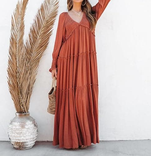 R.Vivimos Maxi Dress for Women Long Sleeve V Neck Empire Waist Layered Ruffle Boho Casual Flowy Long Dresses thumbnail 3
