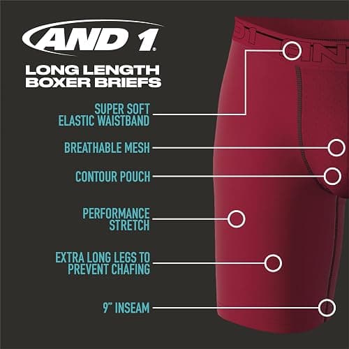 AND1 Mens Boxer Briefs - 5 Pack Performance Stretch Mens Underwear Long Leg Boxers for Men with Contour Pouch, 9" Inseam thumbnail 2