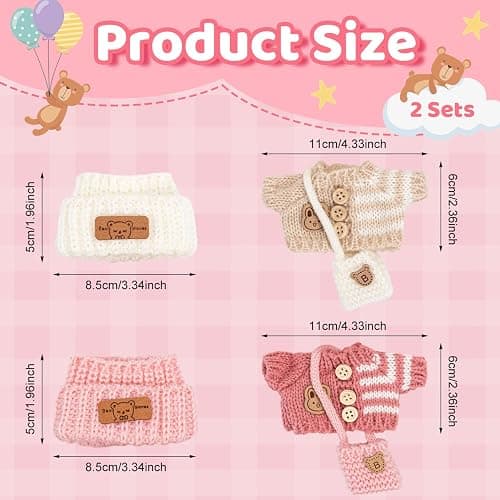 Doll Clothes for 17cm Plush Dolls, 2 Sets of Lu-bubu Doll Knitted Outfit Dress Up Clothing Set Doll Accessories, Not Include Dolls (White and Pink) thumbnail 3