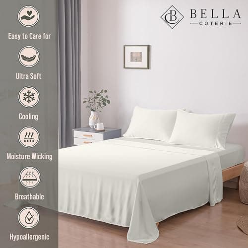 Bella Coterie Luxury Bamboo Viscose Queen Size Sheet Set | 100% Organically Grown | Ultra Soft | Cooling for Hot Sleepers | 18" Deep Pocket [Ivory] thumbnail 2