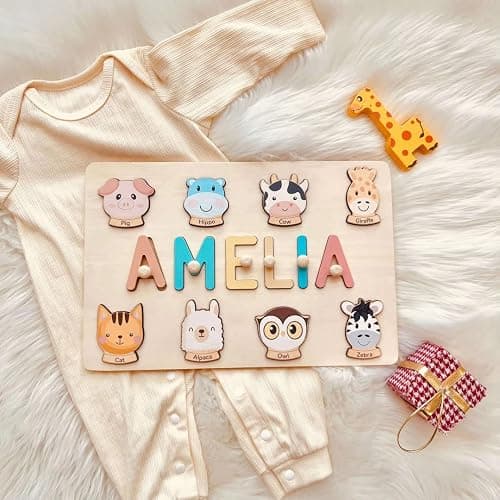 AZUFEMOS Personalized Name Puzzle for Kids, Personalized Baby Gifts Custom Name Puzzles for Toddlers 1-3 Animal Puzzle, Customized 1st Birthday for Girls & Boys Wooden Puzzle Montessor Toys for Kids - Animal Name Puzzle thumbnail 8
