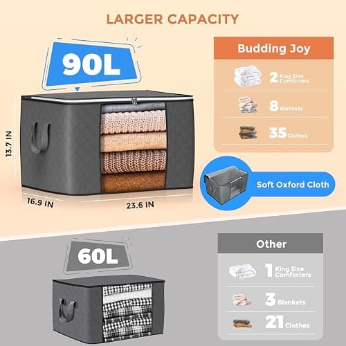 90 L Large Storage Bags, 6 Pack Clothes Storage Bins Foldable Closet Organizers Storage Containers with Reinforced Handle for Clothing, Blanket, Comforters, Bed Sheets, Pillows and Toys (Gray) thumbnail 3