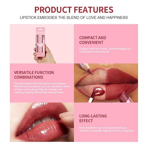 3PCS Lip Liner and Lipstick Combo Set - Matte Lip Liner Pencil, Velvet Matte Lipstick & Hydrating Collagen Lip Gloss - Long-Lasting, Smudge-Proof, High Pigment Nude Pink Lip Makeup Kit (Nude Pink) thumbnail 4
