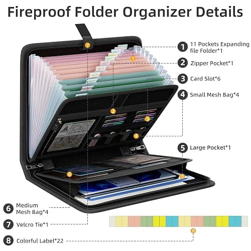 Huolewa Fireproof Accordion File Organizer, Portable Expanding File Folder with Waterproof Zipper&Labels, Black Document Organizer with 13 Pockets, File Organizer for Important Document/Paper Storage thumbnail 7