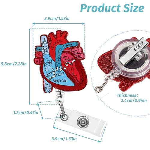 Dimeho Cardiac Badge Holder Heart Retractable Reel ID Card Clip Anatomy Funny Nurse Name Tag Holder Pediatrics Nursing Badge Alligator Clips for Doctor Student Teacher Medical Assistant thumbnail 2