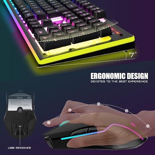 RedThunder K10 Wireless Gaming Keyboard and Mouse Combo, LED Backlit Rechargeable 3800mAh Battery, Mechanical Feel Anti-ghosting Keyboard + 7D 3200DPI Mice for PC Gamer (Black) thumbnail 5