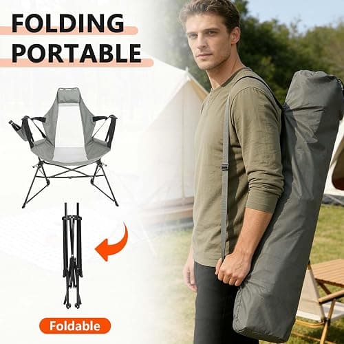 Hammock Camping Chair 2Pcs, Folding Portable Rocking Chair(2, Gray) | Adjustable Back Swinging Chair with Pillow Cup Holder, Recliner with Carry Bag for Outdoor Travel Lawn Backyard thumbnail 6