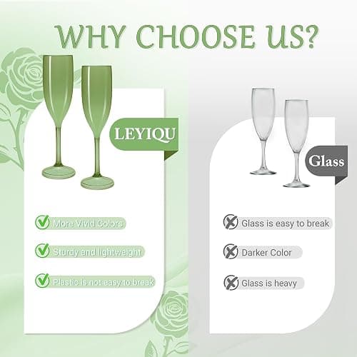 LEYIQU Green Champagne Flutes Set of 24, Plastic Pure Acrylic Glasses Goblets Cups Shatterproof Reusable, for Valentine’s Day Wedding Party Mimosa Bar Anniversary Event Drinks thumbnail 4