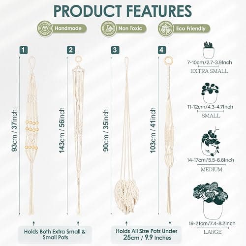 ANROYE Macrame Plant Hanger for Indoor Set of 4, Bohemian Hanging Planter with Tassels for Flower Pot, Boho Decorative Houseplant Rope Holder for Home Decor Bedroom Window Farmhouse thumbnail 2