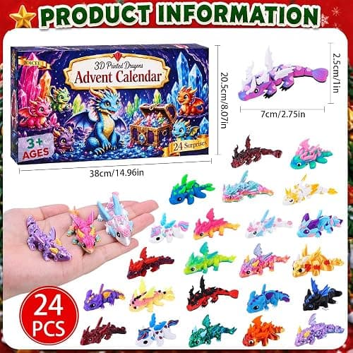 JOICEE 2026 Christmas Advent Calendar with Mini 3D Printed Dragon Animals | 24 Days 3D Printed Mini Dragon Animal Figurines Articulated Flexible Fidget Toys for Kids Boys Girls Xmas Party Favors Gifts thumbnail 3