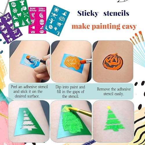 Face Painting Kit for Kids, 42 Colors Professional Face Paint Makeup Kit Non-Toxic Water Activated Facepaint Palette with Brush, Stencil, Sponge, Gem, for Party Halloween Christmas (42 Colors) thumbnail 7