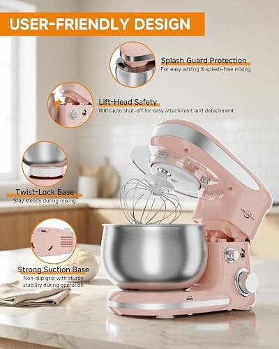 Stand Mixers, 3.4QT Mixers Kitchen Electric Stand Mixer, 6+P Speed Tilt-Head Portable Household Mixers for Daily Use with Egg Whisk, Dough Hook, Flat Beater, Dough Bread Mixer for Baking (Pink) thumbnail 6
