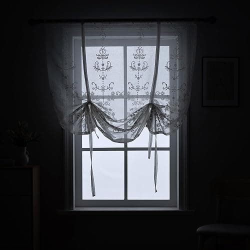 HomeyHo Sheer Tie Up Curtains for Bathroom Girls Bedroom Flower Embroidered Liftable Curtain Kitchen White Lace Short Balloon Curtains for Small Window 31 x 47 Inch thumbnail 10