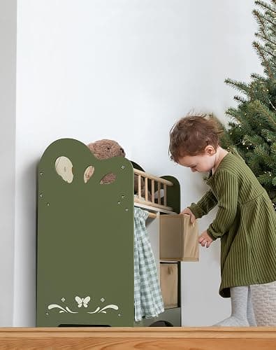 ROBOTIME Baby Doll Crib, Wooden Doll Bed, Toy Baby Crib with Storage, Bedding, and Wooden Hooks, Doll Crib Fits Dolls up to 22’’, Doll Furniture for American Girls Ages 3+ (Green) - Green-Modern thumbnail 7