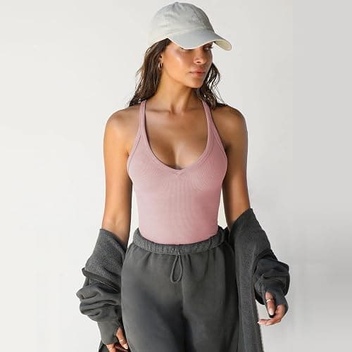 JJAI Womens Tank Tops Summer Racerback Workout Tops Gym Yoga V Neck Ribbed Basic Tops Crop Going Out Top thumbnail 4