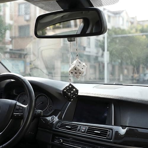 Bling Diamond Dice Car Hanging Accessories – Crystal Rear View Mirror Ornament, Sparkly Car Decor, Lucky car Accessories All Models (Black and White) thumbnail 6