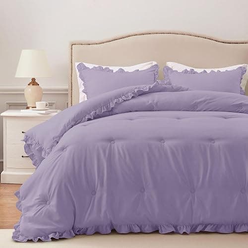 HARBOREST Queen Lavender Ruffle Comforter - Queen Size, 3 Piece Shabby Chic Comforter Set With 1 Comforter & 2 Pillow Shams - Image 1