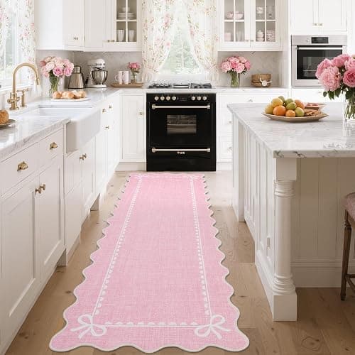 GarveeHome Scalloped Hallway Runner Rug 2.5x10 Non Slip Bedroom Rugs, Pink | Washable Bow Rug for Girls Dorm Nursery Living Room Entyrway Kitchen, Soft Low Pile Ultra-Thin Stain Resistant Indoor Carpet thumbnail 2
