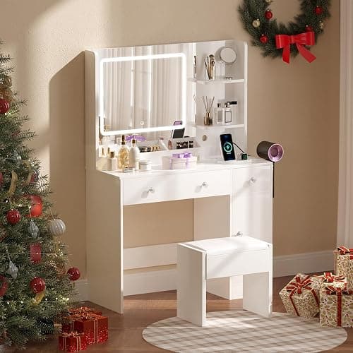Makeup Vanity Desk with Mirror and Lights,Vanity Set with Mirror and Stool and Lights 3 Color,White Vanity Desk with Drawers,Make Up Table with Power Outlet,Dressing Table with Cabinet,Storage Shelves thumbnail 6