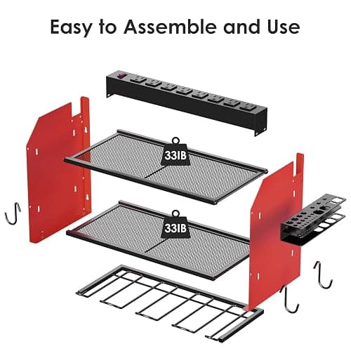 CCCEI Modular Power Tool Organizer Wall Mount with Charging Station. Garage Drill Storage Shelf with Hooks, Heavy Duty Rack, Tool Battery Holder Built in 8 Outlet. Gift for Men. Red, 1 Pack. thumbnail 9