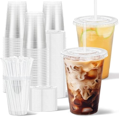 Clawsoff 100 Pack 16 oz Disposable Clear Plastic Cups with Lids and Straws | Cold Drinking Coffee Cups, Sturdy To Go Cups, Leak Proof, Food Safe, Thickened Durable, for Iced Coffee, Cold Beverage - Image 1