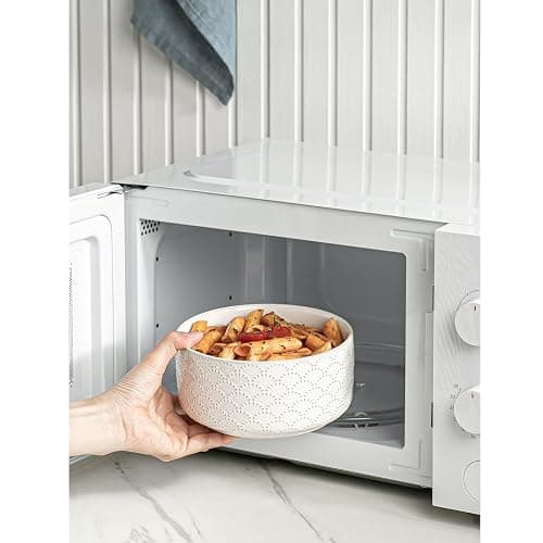 MIKIGEY Mixing Bowls with Lids Set of 4, Ceramic Nesting Bowls, Embossed Mixing Bowl Set for Food Storage, Prep Bowl, Gift, Microwave and Dishwasher Safe, 10/18/33/50 OZ, Off-White thumbnail 8