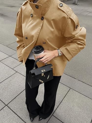 Tankaneo Womens Short Trench Coat Oversized Double Breasted Stand Collar Cropped Jacket Fall Casual Work Outerwear thumbnail 4
